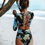 Nukty Swimwear Women Print Floral One Piece Swimsuit Long Sleeve Bathing Suit Retro Swimsuit Vintage Beach wear Surfing Swim Suit