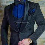 Nukty Navy Blue Floral Jacquard Men Suits Slim Fit with Shawl Lapel 3 Piece Custom Wedding Tuxedo for Groomsmen Male Fashion Costume