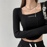 Nukty American Style Brown Cropped Top Women Fashion Skinny Sexy Long Sleeve T Shirts Female Casual Square Neck Tees