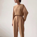 Casual Pants Suit Women Fashion Long-sleeved Round Neck T-shirt Top Autumn Elegant Solid Color Pleated Slim Trousers Office