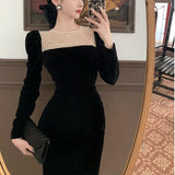 Nukty Black Elegant Evening Midi Dress Women Bodycon France Vintage Velvet Party Dress Ladies Korean Fashion Chic Dresses Autumn