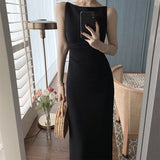 Nukty Summer Solid Color French Retro Hepburn Dress Summer One Shoulder Sleeveless Waist Slim Long Skirt Party Waist Fold