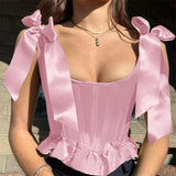 Nukty Sexy Women Tube Tops Cropped Sexy Tank Cute Solid Color Bow Tie Strap Sleeveless Criss Cross Lace-Up Corset Vest