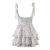 Nukty Vintage Spring Summer Chic Floral Print Lace Square Neck Cute Cake Cascading Ruffled Strap Mini Dress Woman New