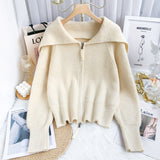 Solid Sweater Cardigan Women Sailor Collar Knitted Sweater Coats Casual Loose Zip Up Korean Fashion Knitwear Chic Tops