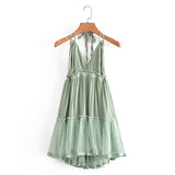 Nukty Summer New Solid Color Lace Stitching V Neck Sexy Backless  Mesh Short Dress Camisole Holiday Beach Dress Female
