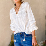 Spring Summer Ruffled Embroidery Blouses V-Neck Long-sleeve French Blouse V-neck Boho White Lady Shirts Blusas