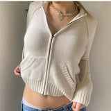 Women Zip Up Hood Cardigan Sweaters Solid Long Sleeve Drawstring Knit Hoodies Y2K Lightweight Sweatshirts