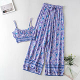 Boho Vintage Pattern Print Women 2 Piece Set Spring Midriff Baring Wide Leg Pant Retro Chic Beach Vacation Women Set
