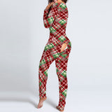 Nukty Women's Christmas Print Sexy Pyjama Front Back Button-Down Functional Buttoned Flap Sleepwear Long Sleeve Adults Jumpsuit