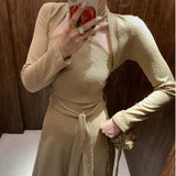 Nukty Autumn Korea Elegant Dress Set Women Slim Retro Casual Party Vintage 2 Piece Suit France One-piece Dress + Long Sleeve Top