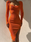 Nukty Knit Knee  Length Dresses For Women Sexy Square Collar Elegant Long Sleeve Bodycon Side Split Chic Fall Fashion Dress
