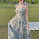 Nukty Elegant Long Flower Strap Dress Women Vintage Sweet Print Korean Slip Fairy Dress Casual Calssy Party Princess Dress Summer