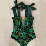 New Sexy One Piece Swimsuit Shoulder Strappy Swimsuit Print Floral Swimwear Women Backless Bathing Suit Beach Wear Monokini