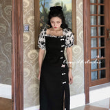 Nukty Summer Patchwork Vintage Dress Women Button Designer Floral Print Korean Spilt Dress Ruffles Chiffon Casual Midi Dresses