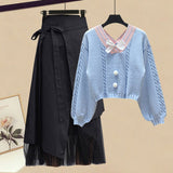 Nukty Women Sets Mesh Patchwork Slash Neck Tops + Asymmetric Skirt 2 Piece Suit Female Party Suits Elegant Casual Two Piece Set