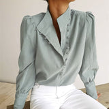 Nukty Elegant Turtleneck Blouse Long Sleeve White Shirt Office Ladies Top Casual Solid Single-Breasted Puff Sleeve Womens Blouses