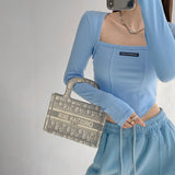 Nukty American Style Brown Cropped Top Women Fashion Skinny Sexy Long Sleeve T Shirts Female Casual Square Neck Tees