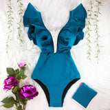 New Sexy Ruffle Print Floral One Piece Swimsuit Off The Shoulder Swimwear Women Solid Deep-V Beachwear Bathing Suit Monkini