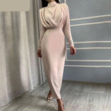 Autumn Dress Women Fashion Turtleneck Long-sleeved Vintage Shoulder Pad Dress Female Office Ladies Solid Dress Elegant Party