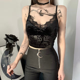 Nukty Women Casual Sexy Camisole Black Floral Lace Hem V-neck Sleeveless Camis Gothic Crop Tops Ladies Tank Tops Skinny Clubwear