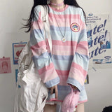 Nukty Striped T-shirts Women Rainbow Japanese Style Kawaii Pink Loose Leisure BF Harajuku College Students Female Top Lady Comfortable