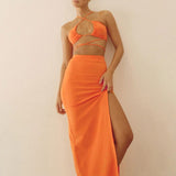 Bandage Wrap Crop Top and Skirt Set Woman Two Piece Summer Outfits High Waist Slit Long Skirt Mathing Sets Sexy Club Outfits