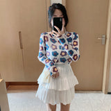 Nukty Angel Print Sheer Blue Black Mesh Long Sleeve Blouse Shirts Women Spring Summer Pullovers Elegant Sexy See Through Tops