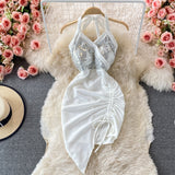 Nukty Summer Women Dress Sexy Lace-up Halter Sleeveless Sequins Party Dress High Waist Drawstring Ruched Irregular Backless Club Dress