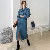 Nukty Woman Denim Overalls Streetwear Turn-down Collar Slim Denim Dress Women Elegant Long Sleeve Women Split Jeans Dress Femme