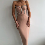 Nukty Sexy Strapless Women Dress Bandage Bodycon New Elegant Beading Party Evening Club Midi Dresses Summer Autumn Clothes