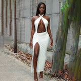 Nukty Halter Drawstring Sexy Bodycon Bandage Dress Women Summer Dress Split Hollow Out Backless Long Maxi Dresses