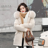 Medium Long Hooded Parka With Fur Collar Winter Jackets For Women Casual Cotton Liner Coat Adjustable Waist