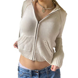 Women Zip Up Hood Cardigan Sweaters Solid Long Sleeve Drawstring Knit Hoodies Y2K Lightweight Sweatshirts