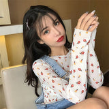 Nukty Angel Print Sheer Blue Black Mesh Long Sleeve Blouse Shirts Women Spring Summer Pullovers Elegant Sexy See Through Tops