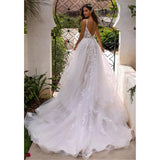 Nukty Long Boho A-Line Backless Wedding Dress 3D Flowers Spaghetti Straps Bride Dresses Princess Floor Length Wedding Gowns