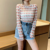 Nukty Angel Print Sheer Blue Black Mesh Long Sleeve Blouse Shirts Women Spring Summer Pullovers Elegant Sexy See Through Tops