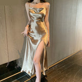 Nukty Women Dress Elegant Summer Satin Champagne Chic Mid-calf Side Slit Temperament Simple Solid Gown French Style Spaghetti Strap