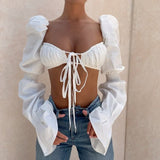 White Pleated Sexy Top T Shirt Women Long Flared Sleeve Bandage Tshirt Short Summer T-shirt Femme