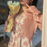 Nukty Women Summer Print Floral Midi Dress Vintage Franch Style Female Strapless Party Dress Casual Holiday Lady Boho Vestido