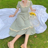 Nukty Elegant Floral Fairy Midi Dress Women Sweet Print French Casual Vintage Party Dresses Beach Lace Kawaii Dress for New Year