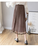Nukty Mesh Skirt Autumn Winter Velvet Solid Color Elastic Waist Slim Pleated Skirts Womens Chic High Waist Women Skir