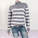 New Autumn Winter Turtleneck Knitted Sweater Women Casual Rivets Striped Pullovers Sweater Female Oversize Tops