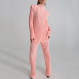 Women Knitted Pullover Sets Casual Winter Long Skinny Sweater Tops Striped Long Sleeve Jumper Ribbed Knitted Trousers Suit