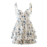 Nukty New Summer Sexy Tube Top Waist Lace-Up Stitching Stacked Ruffles Fashion Floral Print Short Mini Strap Dress