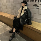 High Street Motorcycle Fur Women's Winter Jacket Vintage V Neck Belt Long Lamb Wool Coat Warm Women PU Letter Jackets