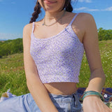 Summer Floral Tank Top Off Shoulder Spaghetti Straps Sexy Sleeveless Halter Cropped Tops Cute Sweet Casual Purple Camisole