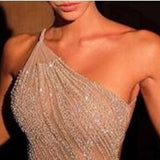 Nukty See Through Prom Dresses Beadings High Side Split One Shoulder Ankle Length A-line Evening Gown