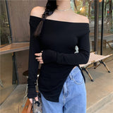 Nukty New Women's Slim Off-shoulder Full Sleeve T-shirts Girls Solid Stretchy Irregular Split Tshirt Tops Slash Neck Tees