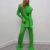Women Knitted Pullover Sets Casual Winter Long Skinny Sweater Tops Striped Long Sleeve Jumper Ribbed Knitted Trousers Suit